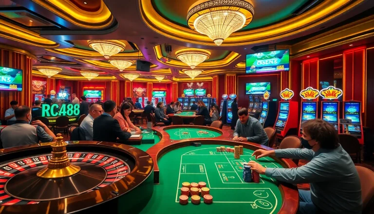 Experience thrilling gameplay at rca88 with dynamic casino tables, poker chips, and vibrant slot machines.