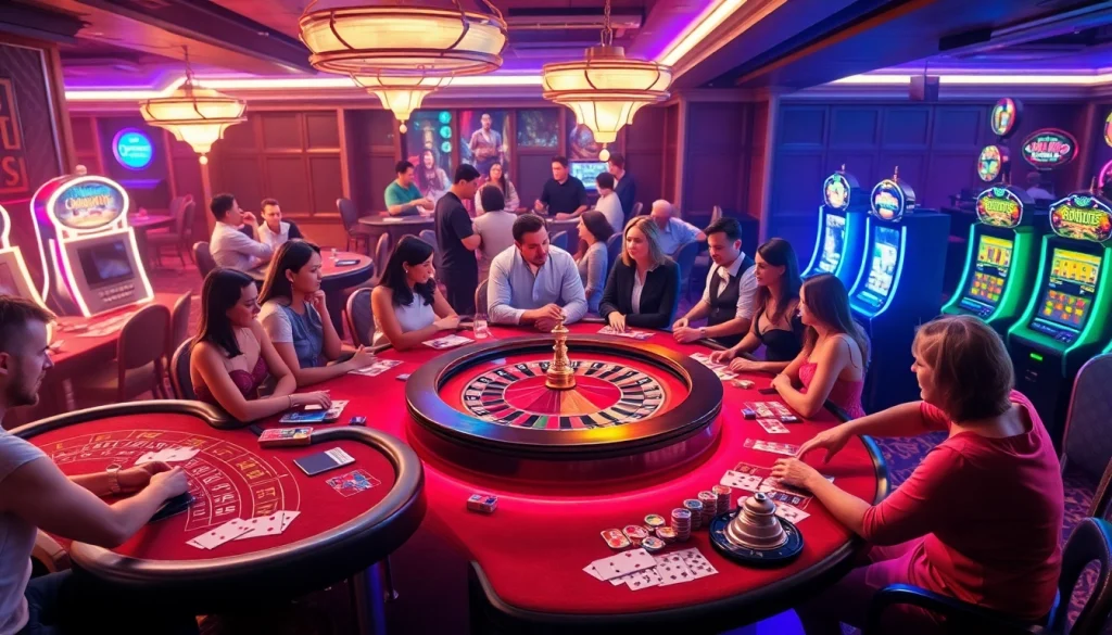 Disfruta de la emoción del stake casino con gente apostando en mesas de juegos y en máquinas tragamonedas.