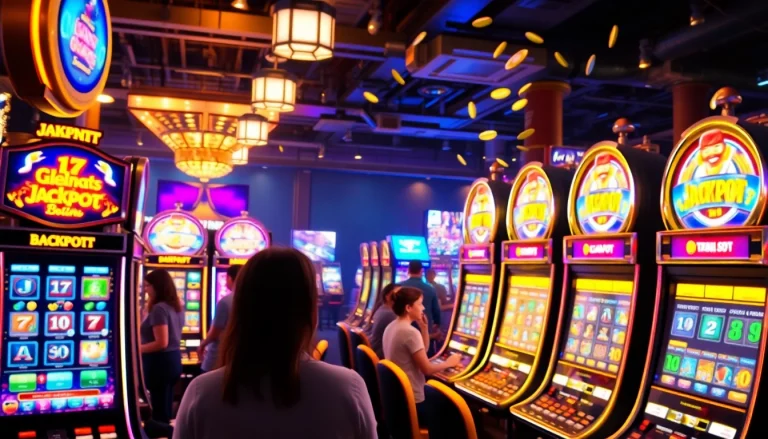 Situs slot penuh keseruan dengan mesin permainan yang berwarna-warni dan pencahayaan dramatis.